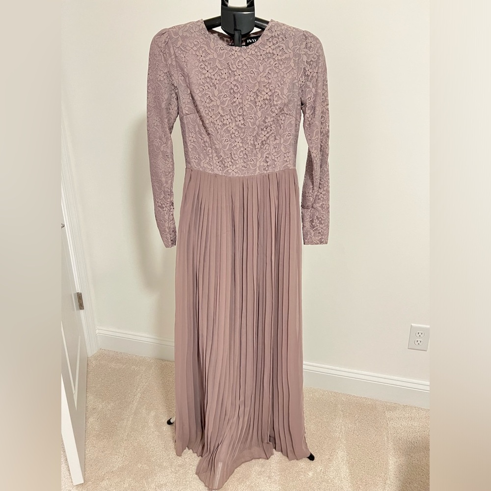 Lavender purple Maxi Gown with Floral Lace and pleated chiffon bottom